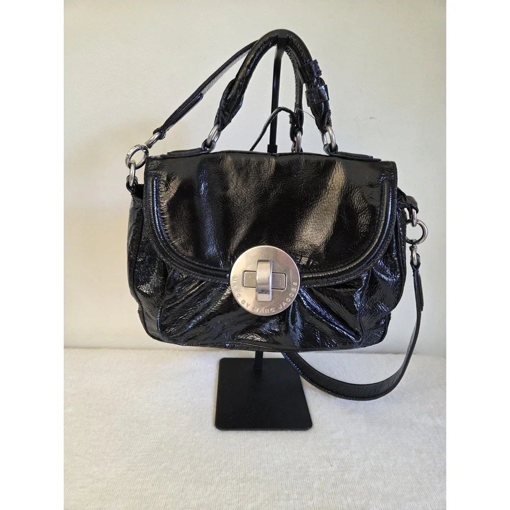 Marc by Marc Jacobs Black Patent Leather Turnlock Satchel Bag Shoulder Strap...